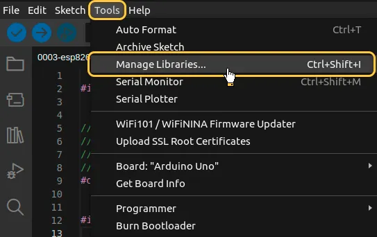 Go to "**Tools**" tab and click on "**Manage libraries**".