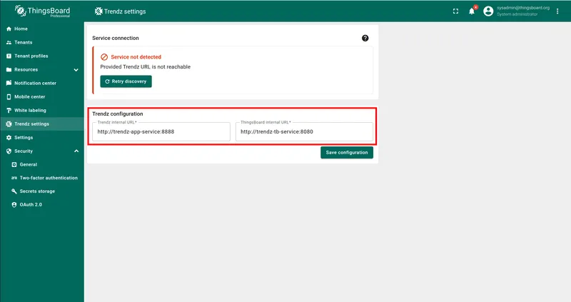 Enter Trendz and ThingsBoard internal URLs