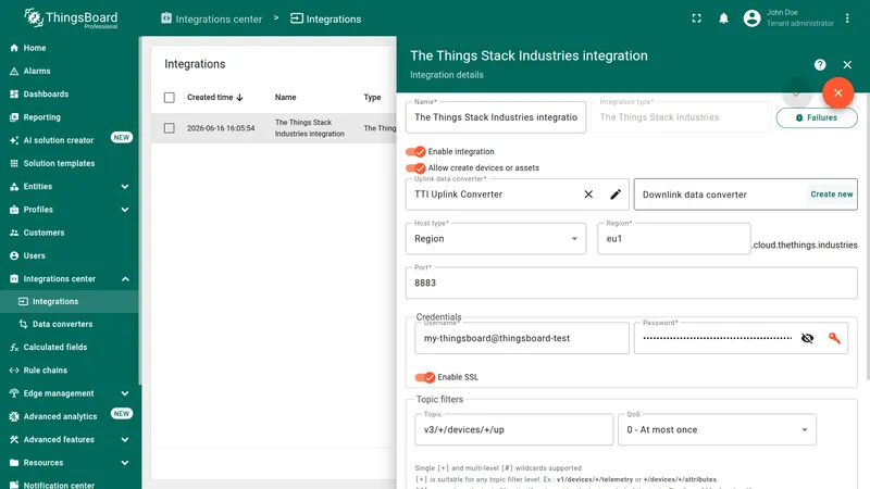 The Things Stack Industries integration in edit mode with the Create new button available for the Downlink data converter field