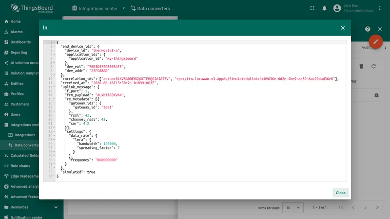 Converter event In view showing the raw uplink message received from The Things Stack