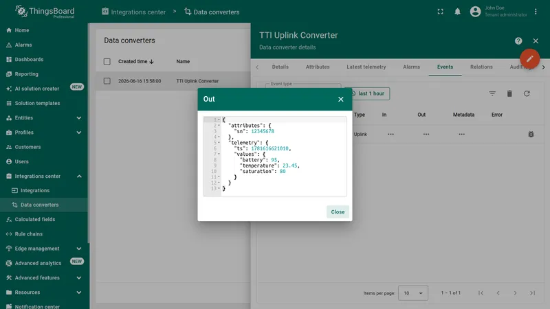 Converter event Out view showing decoded device attributes and telemetry