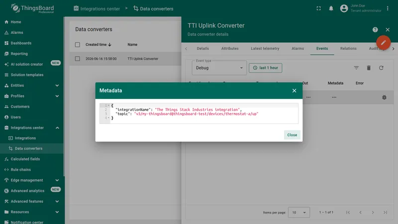 Converter event Metadata view showing integration details and MQTT topic information
