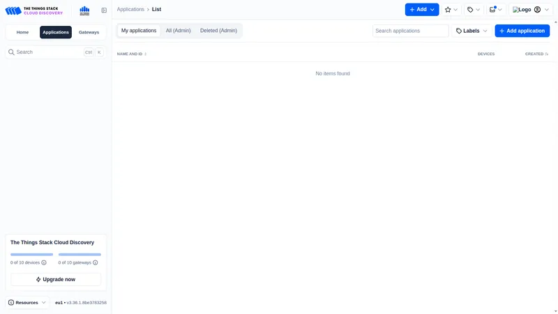 The Things Industries Cloud Discovery Console — Applications page with no applications and the Add application button visible