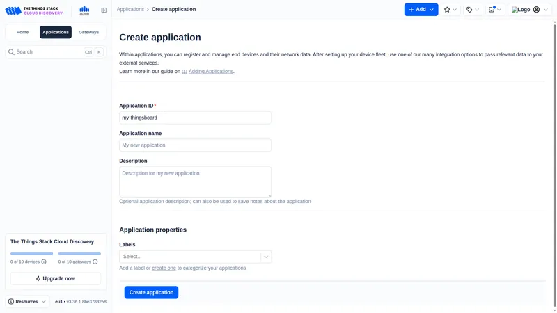 The Things Industries Cloud Discovery Console — Create application form with Application ID field completed