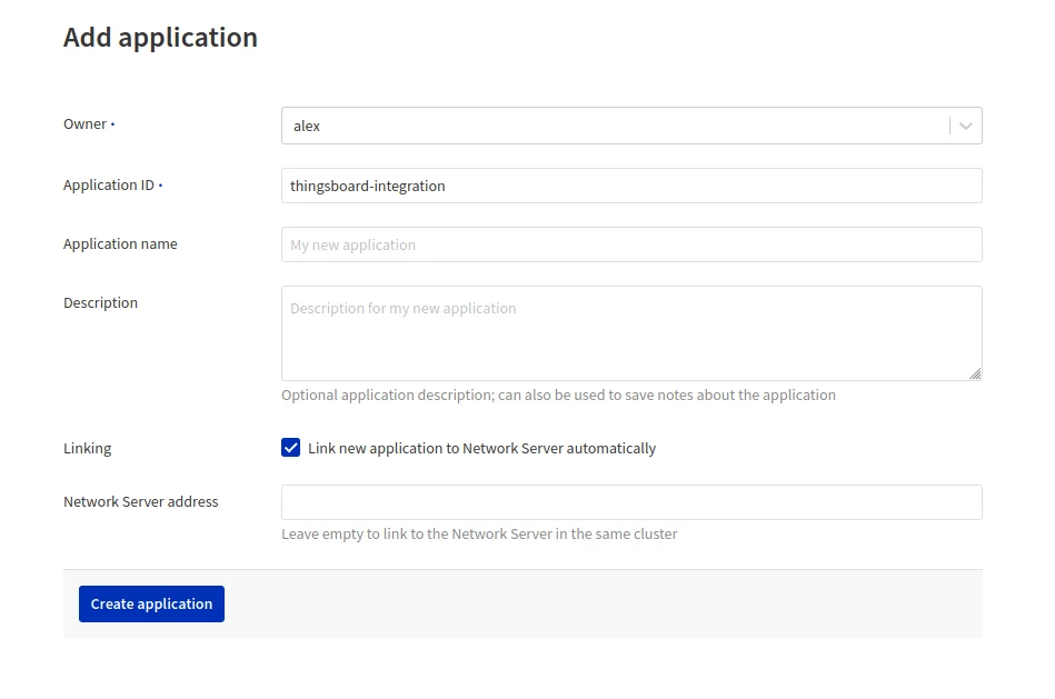 Add application form in The Things Industries console