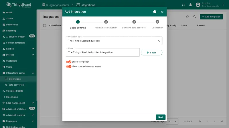 Add integration wizard with The Things Stack Industries selected as the integration type