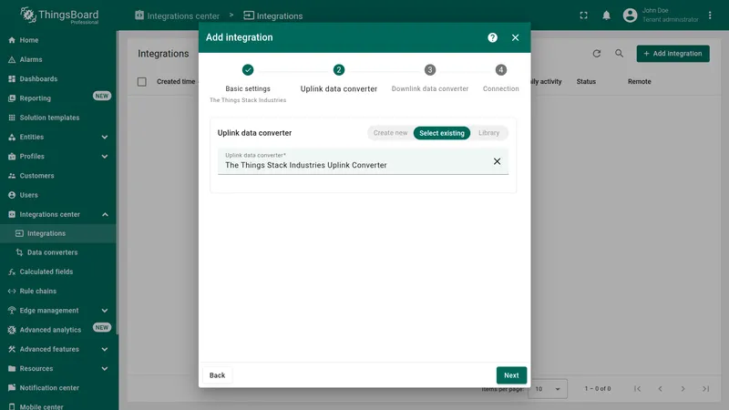 Add integration wizard — Uplink data converter: Select existing tab with TTI Uplink Converter chosen