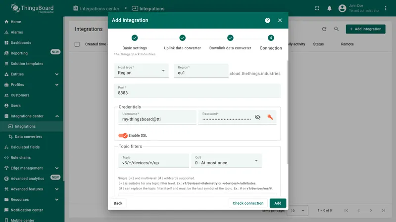 Add integration wizard — Connection: Host type Region, Region eu1, Port 8883, credentials, Enable SSL on, topic filter v3/+/devices/+/up