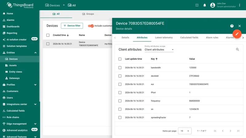 Device Attributes tab showing attributes imported from the TTI uplink message