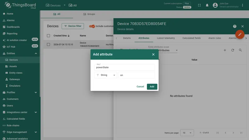 ThingsBoard device Shared attributes dialog with powerState attribute set to on