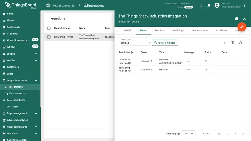 The Things Stack Industries integration Events tab showing successful downlink events