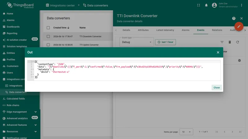 Downlink converter Out panel showing encoded JSON payload with downlinks array and base64 frm_payload