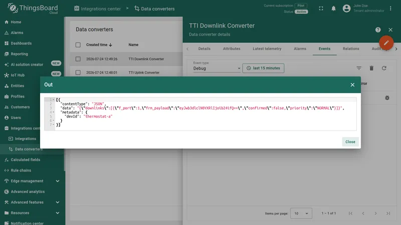 Downlink converter Out panel showing encoded JSON payload with downlinks array and base64 frm_payload