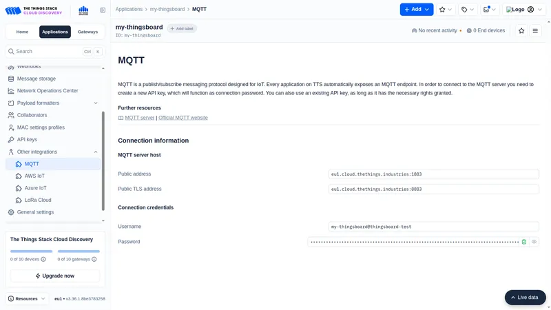 The Things Industries Cloud Discovery MQTT integration page displaying generated MQTT credentials