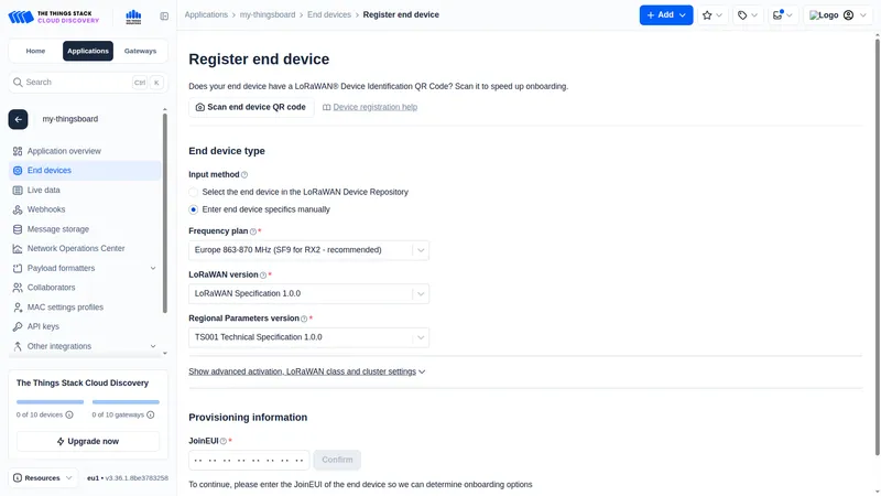 Register end device page with Activation by personalization (ABP) selected