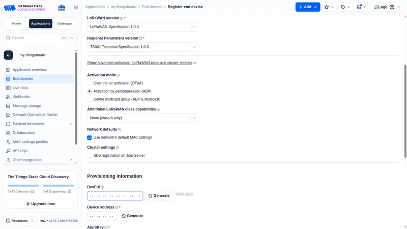 Provisioning information section with generated DevEUI, Device address, AppSKey, and NwkSKey values