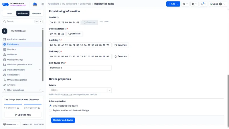Completed end device registration form with End device ID and Register end device button