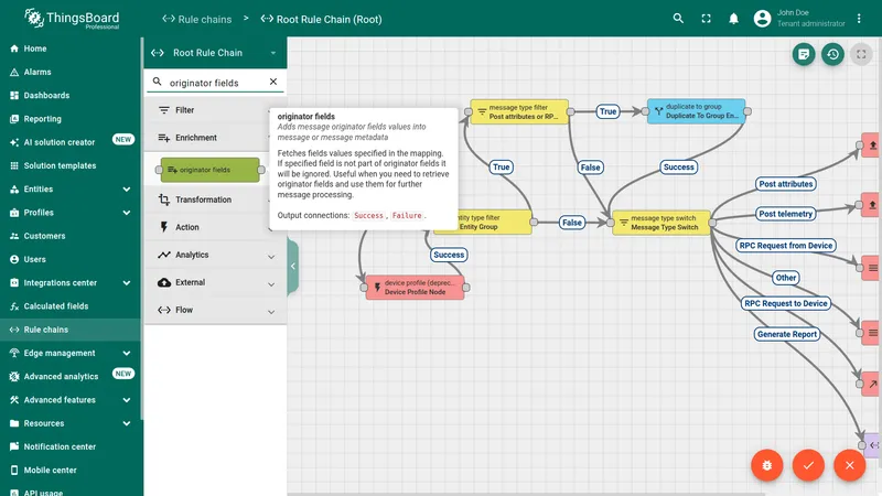 Root Rule Chain in edit mode with originator fields node found in the node panel search results
