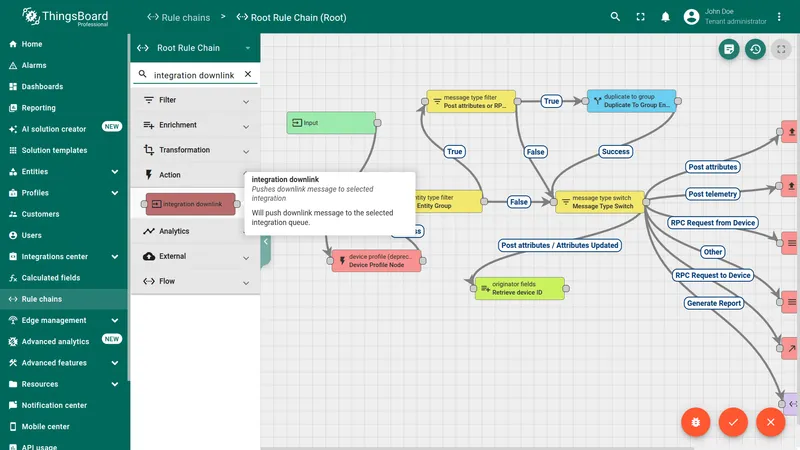 Root Rule Chain in edit mode with integration downlink node found in the node panel search results