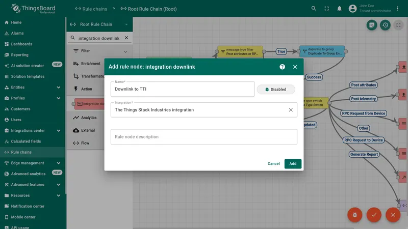 Add rule node dialog for Integration Downlink with The Things Stack Industries integration selected