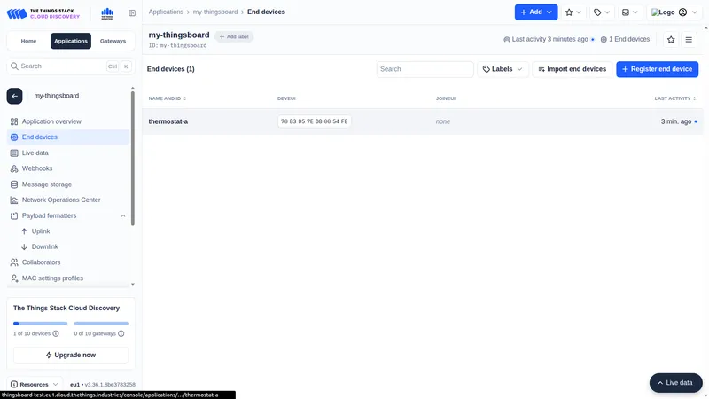 The Things Stack Cloud Discovery application with a registered end device named thermostat-a