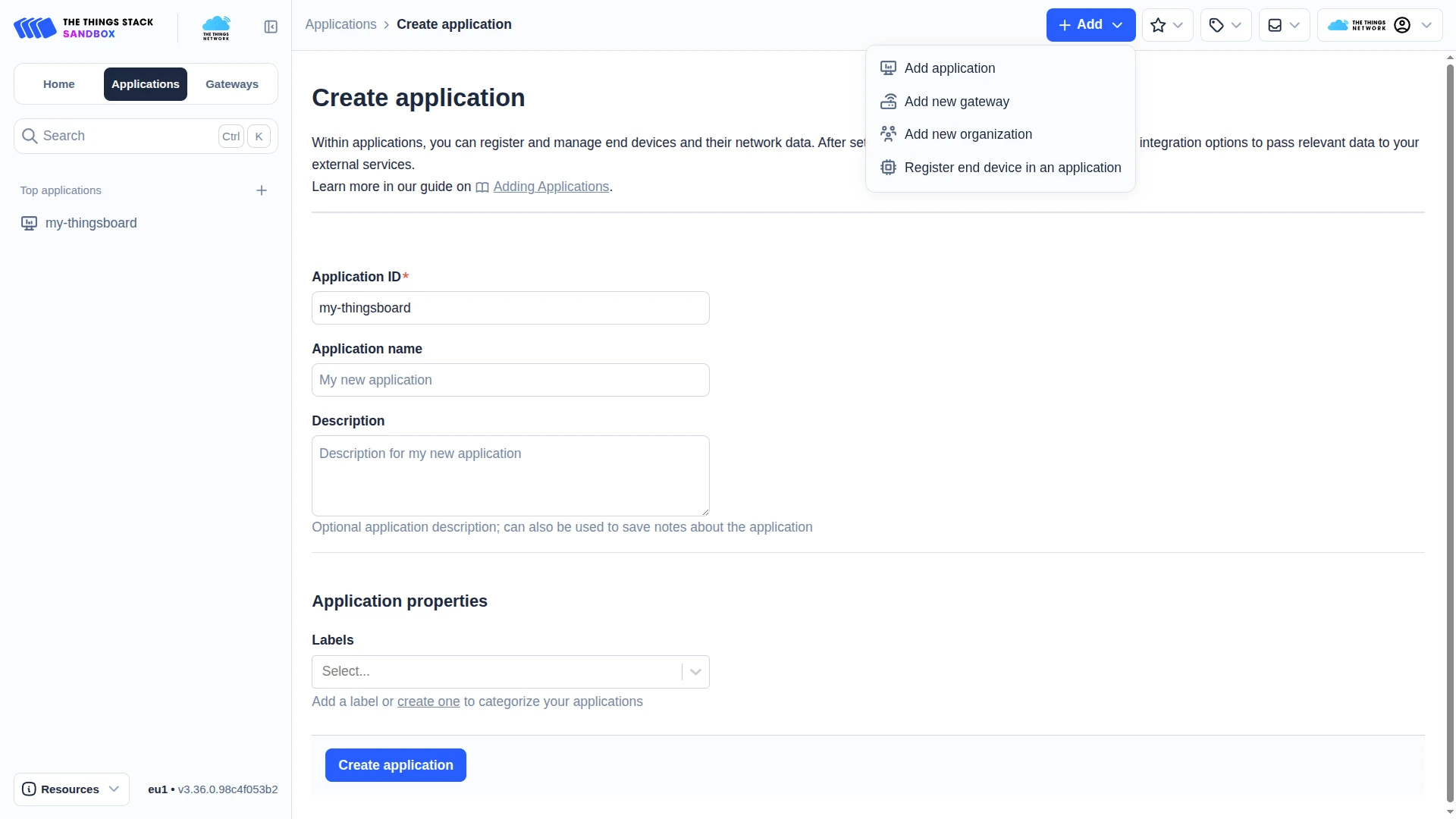 Add application in The Things Stack console