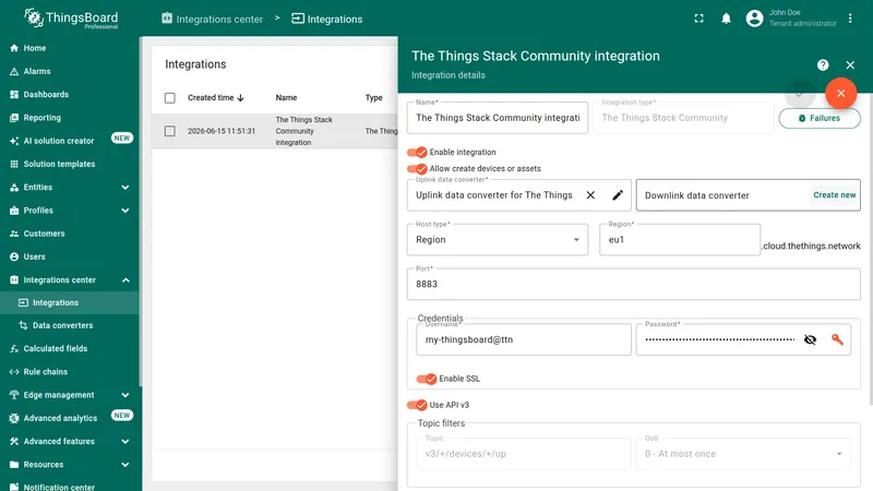 The Things Stack Community integration in edit mode with the Create new button available for the Downlink data converter field