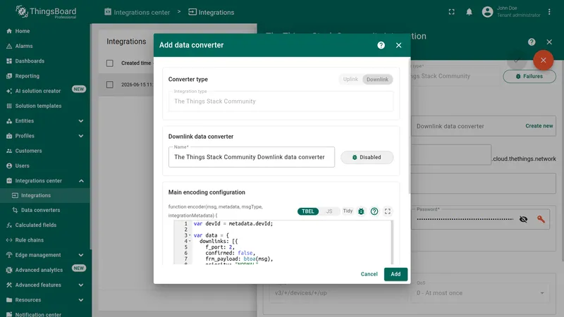 Add data converter dialog with Downlink converter type selected and encoder function editor visible