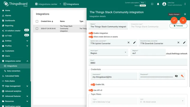 The Things Stack Community integration with the TTN Downlink Converter attached