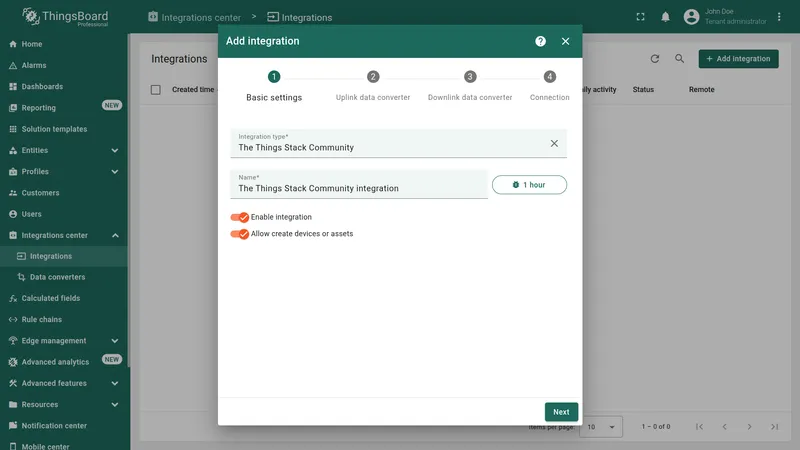 Add integration wizard — Basic settings: Integration type set to The Things Stack Community