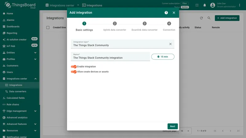 Add integration wizard — Basic settings with The Things Stack Community selected
