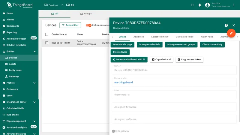 Automatically created device in ThingsBoard after the first TTN uplink message is processed