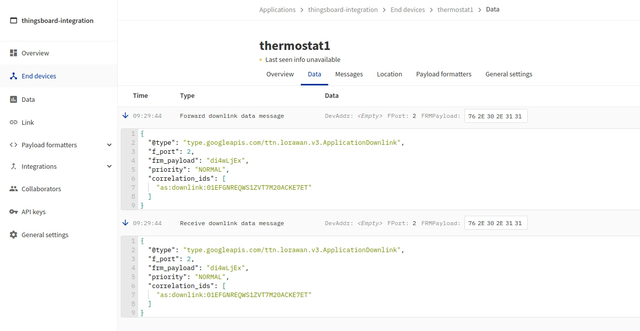 TTI console — thermostat1 Data tab showing the downlink event in the message list