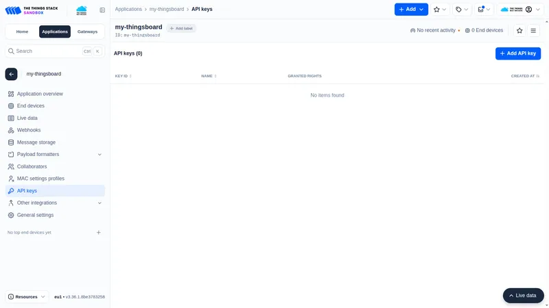 TTN application — API keys page with the Add API key button