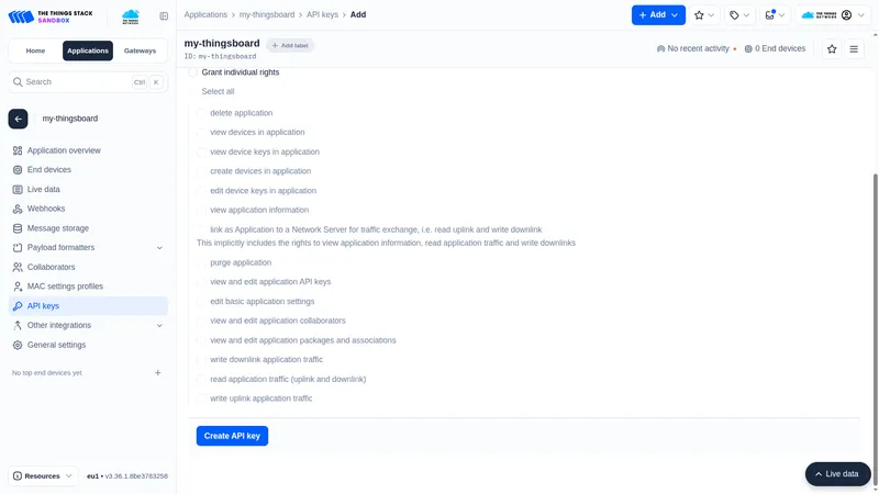 Add API key form with the Create API key button
