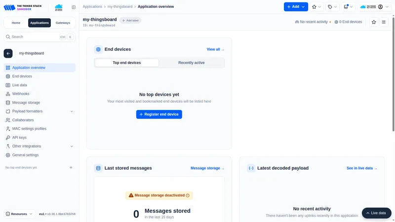 The Things Stack Console — Application overview page showing the newly created application