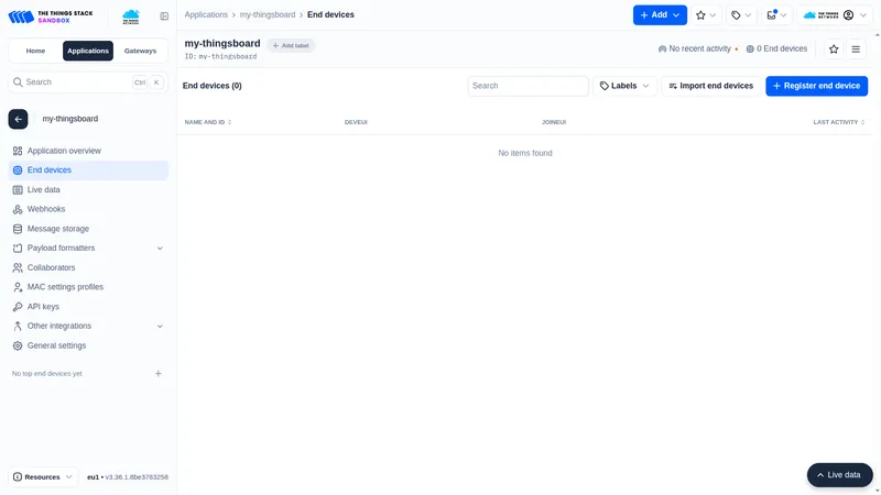 TTN application End devices page with the Register end device button
