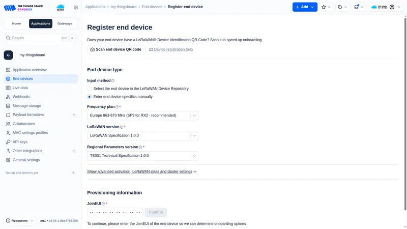 Register end device page with manual device registration selected and LoRaWAN settings configured