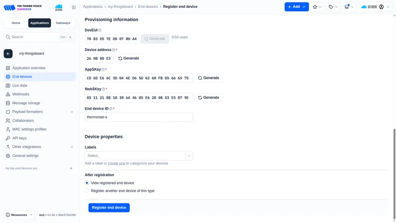 Provisioning information completed with DevEUI, Device address, AppSKey, NwkSKey, and End device ID values