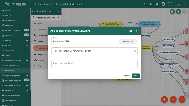 Configuring the integration downlink rule node with name Downlink to TTN and The Things Stack Community integration selected