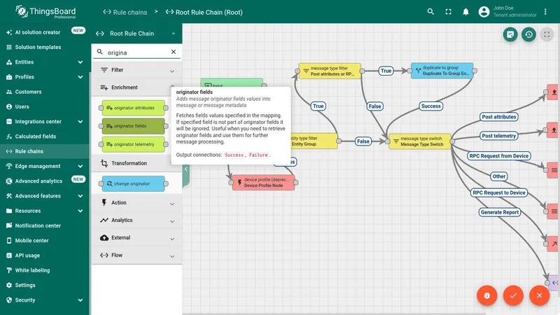 Root Rule Chain in edit mode with originator fields node found in the node panel search results