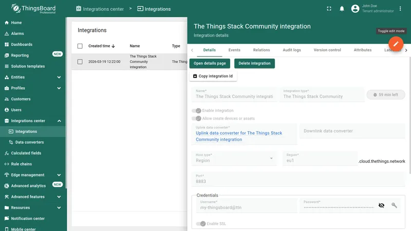 Integration details for The Things Stack Community — view mode, Downlink data converter field empty