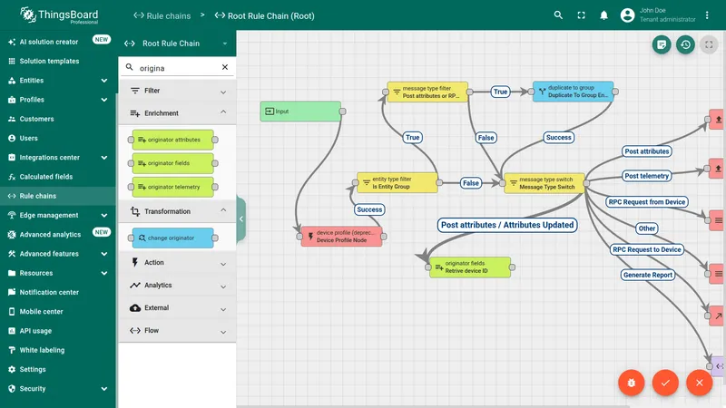 Root Rule Chain canvas with the originator fields node added and connected from Post attributes via Attributes Updated relation