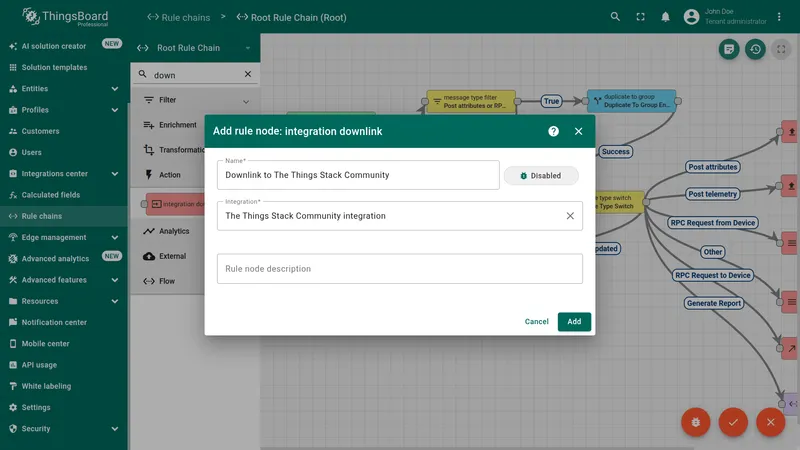 Add rule node dialog for integration downlink — Name set to Downlink to The Things Stack Community, The Things Stack Community integration selected