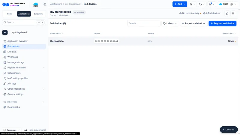 The Things Stack End devices page showing the registered thermostat-a device