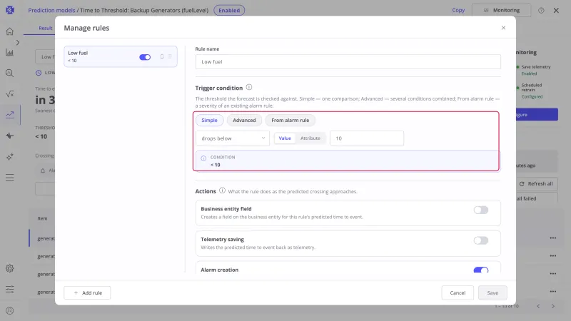 Manage rules dialog with the trigger condition highlighted: Simple mode, drops below, Value, 10, and the condition preview