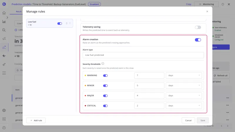 Manage rules dialog with Alarm creation highlighted: alarm type Low fuel predicted and severity thresholds WARNING 7 days, MINOR 5 days, MAJOR 4 days, CRITICAL 2 days