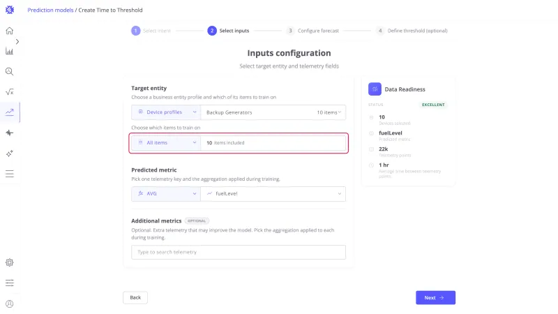 Inputs configuration step with All items selected and ten items included
