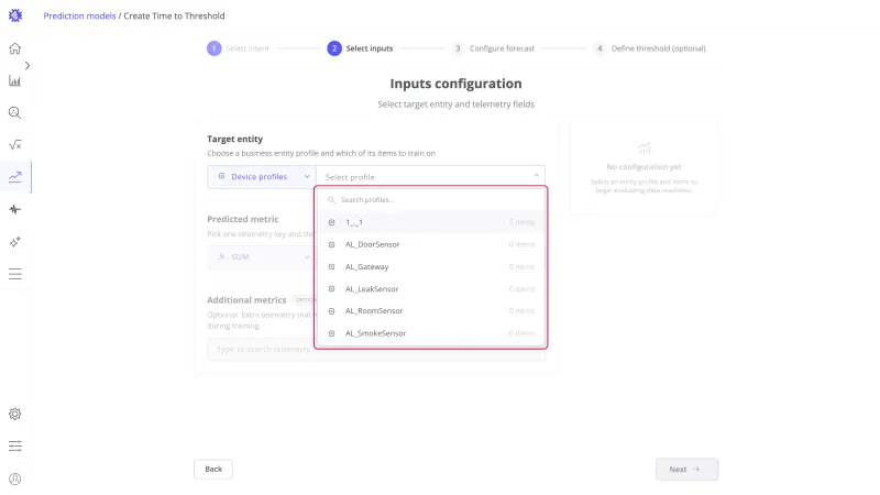 Inputs configuration step with the profile dropdown open listing every profile and its item count