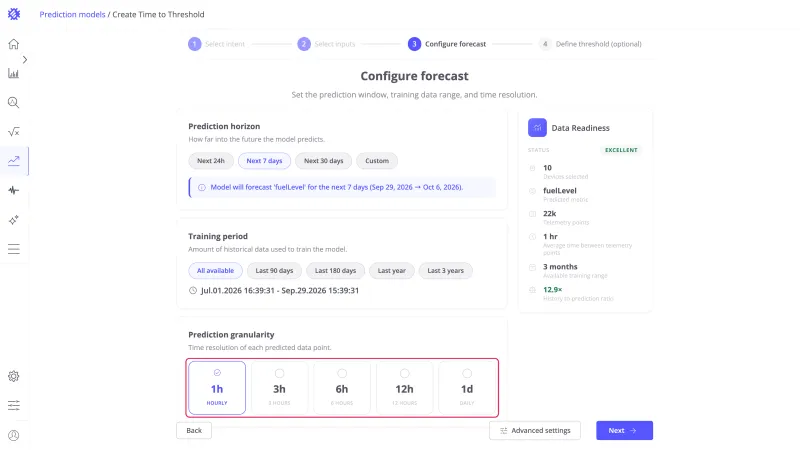 Configure forecast step with the granularity cards 1h, 3h, 6h, 12h, and 1d highlighted